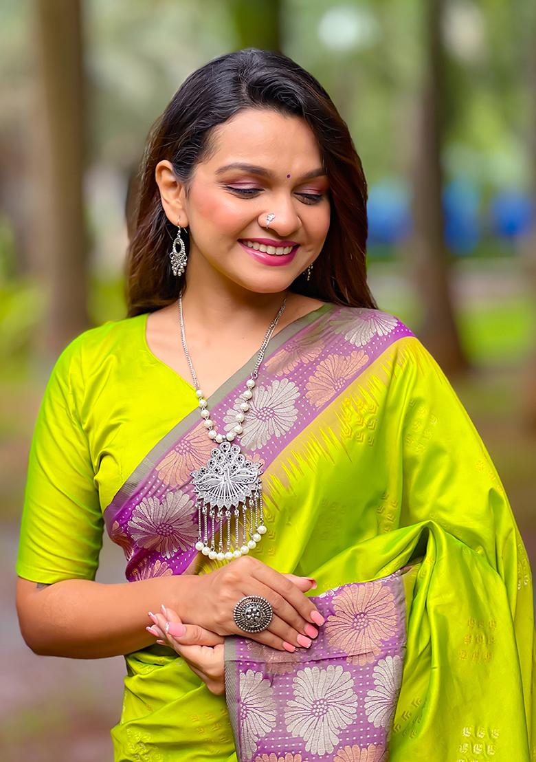 Pista Green Zari Woven Soft Silk Saree Set