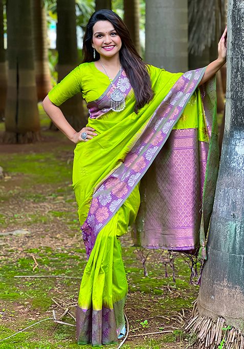 Pista Green Zari Woven Soft Silk Saree Set