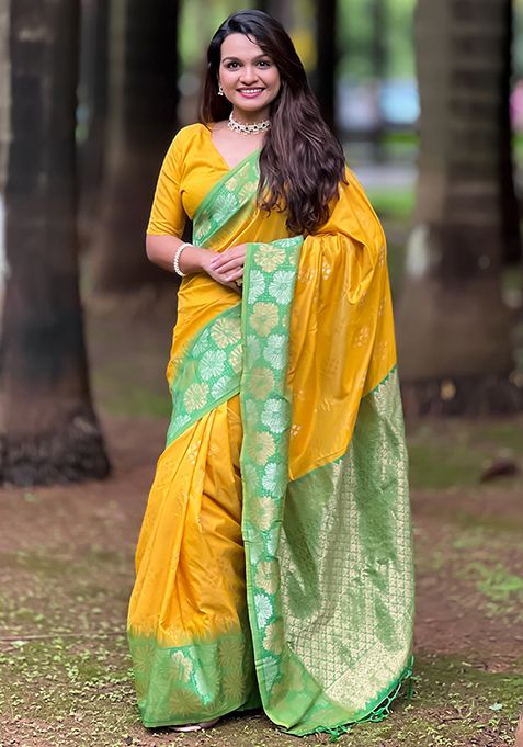 Yellow Zari Woven Soft Silk Saree Set