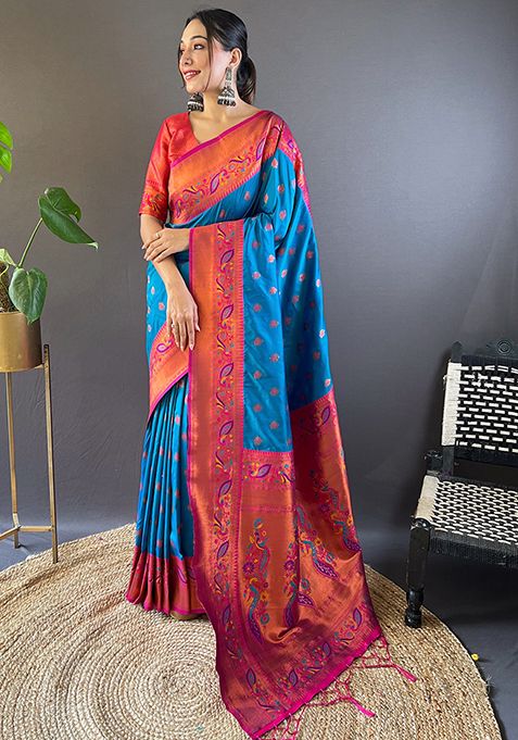 Blue Zari Woven Maharashtrian Meenakari Paithani Silk Saree Set