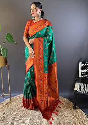 Green Zari Woven Maharashtrian Meenakari Paithani Silk Saree Set