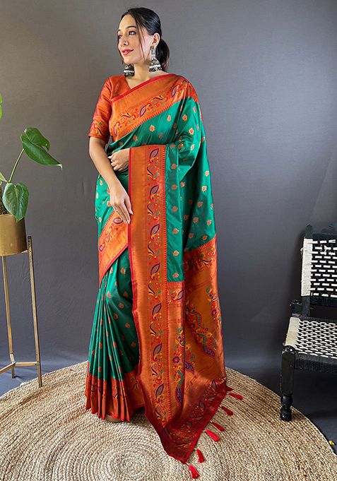 Green Zari Woven Maharashtrian Meenakari Paithani Silk Saree Set