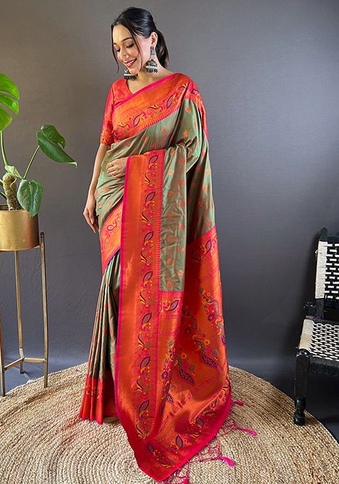 Mehendi Zari Woven Maharashtrian Meenakari Paithani Silk Saree Set