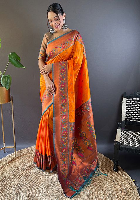 Orange Zari Woven Maharashtrian Meenakari Paithani Silk Saree Set