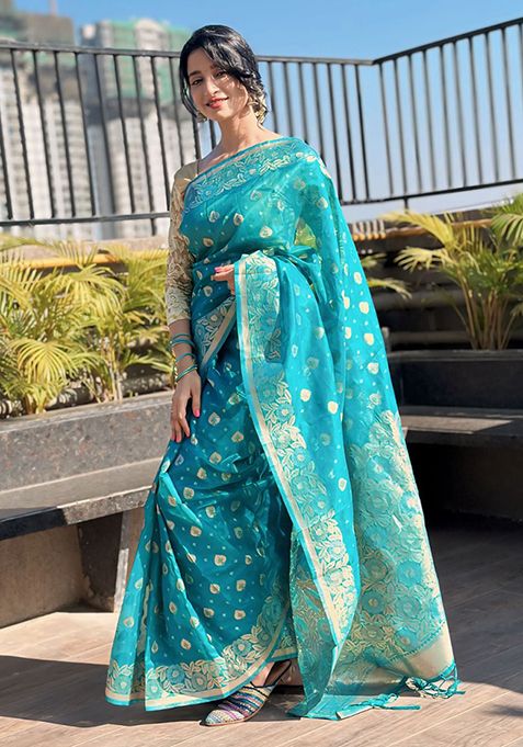 Sky Blue Zari Woven Organza Saree Set