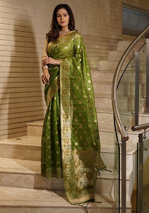 Mehendi Zari Woven Organza Saree Set