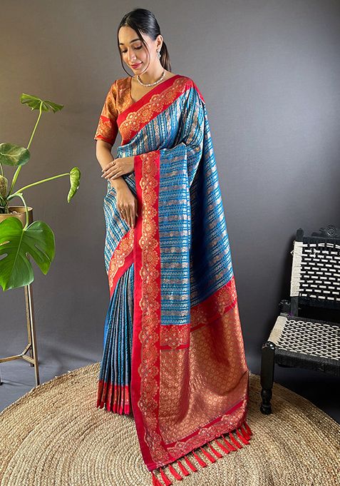 Blue Zari Woven Satin Silk Saree Set