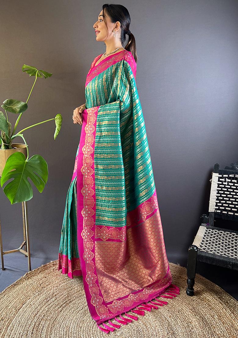 Green Zari Woven Satin Silk Saree Set
