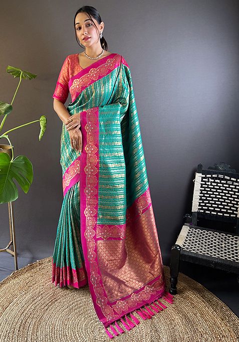 Green Zari Woven Satin Silk Saree Set