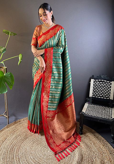 Green Zari Woven Satin Silk Saree Set