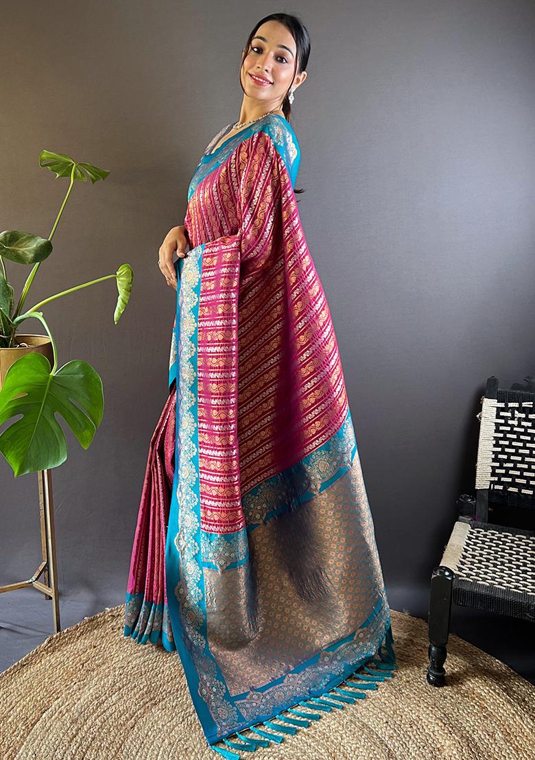 Magenta Zari Woven Satin Silk Saree Set