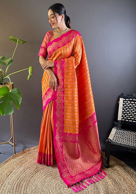 Orange Zari Woven Satin Silk Saree Set