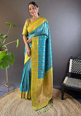 Sky Blue Zari Woven Satin Silk Saree Set