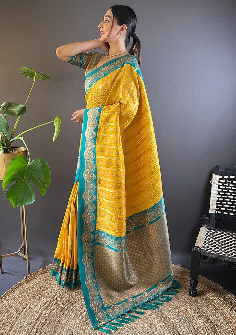 Yellow Zari Woven Satin Silk Saree Set