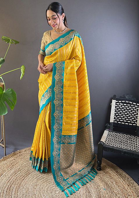 Yellow Zari Woven Satin Silk Saree Set