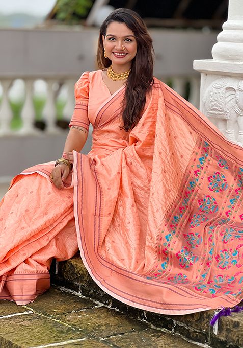 Peach Zari Woven Paithani Silk Saree Set