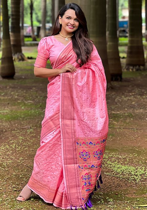 Pink Zari Woven Paithani Silk Saree Set