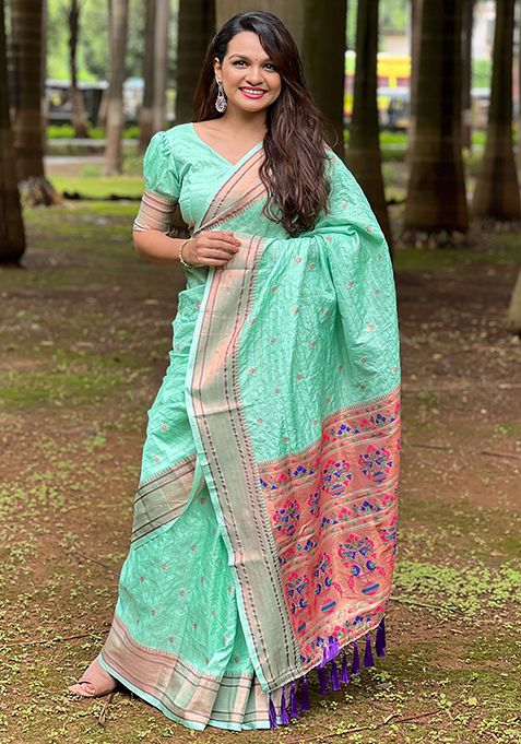 Sky Blue Zari Woven Paithani Silk Saree Set