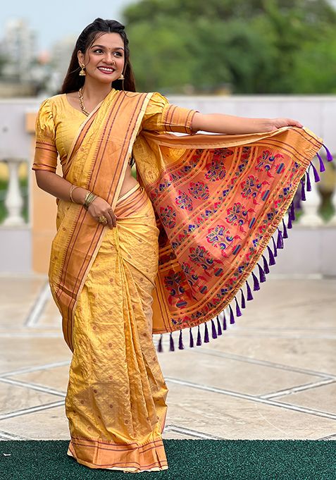 Yellow Zari Woven Paithani Silk Saree Set