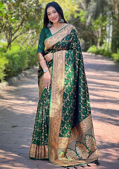 Green Zari Woven Banarasi Katan Silk Saree Set