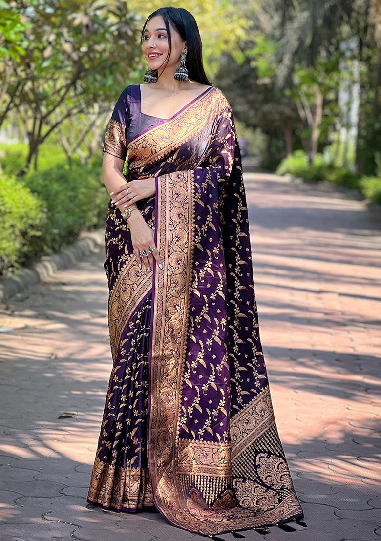 Wine Zari Woven Banarasi Katan Silk Saree Set - Indya
