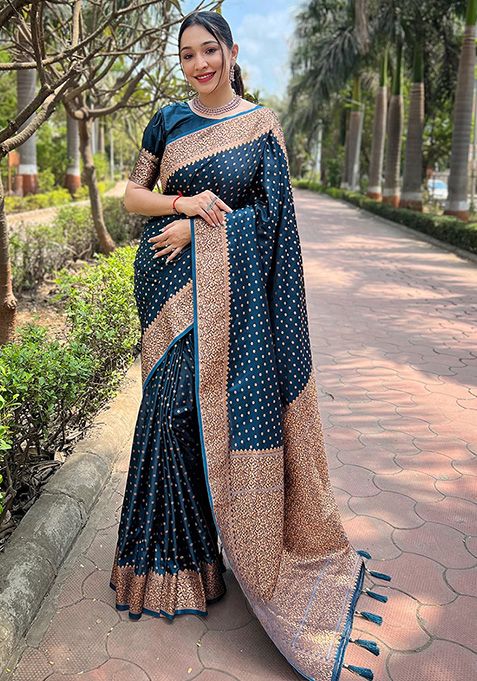 Blue Zari Woven Banarasi Katan Silk Saree Set