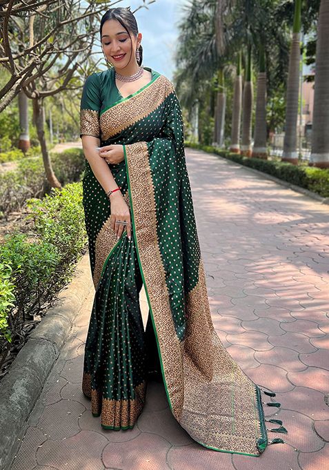 Green Zari Woven Banarasi Katan Silk Saree Set