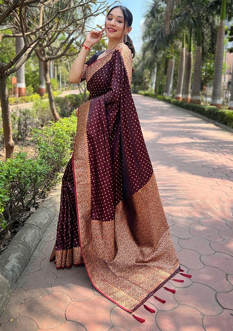 Maroon Zari Woven Banarasi Katan Silk Saree Set