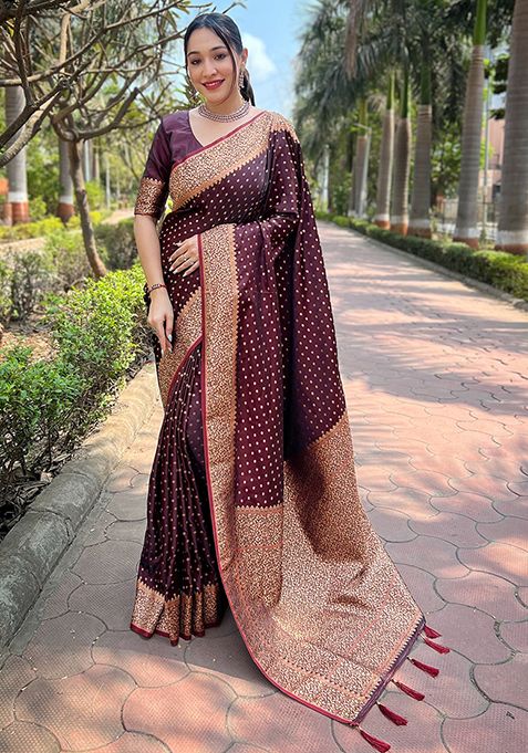 Maroon Zari Woven Banarasi Katan Silk Saree Set