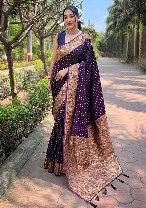 Wine Zari Woven Banarasi Katan Silk Saree Set