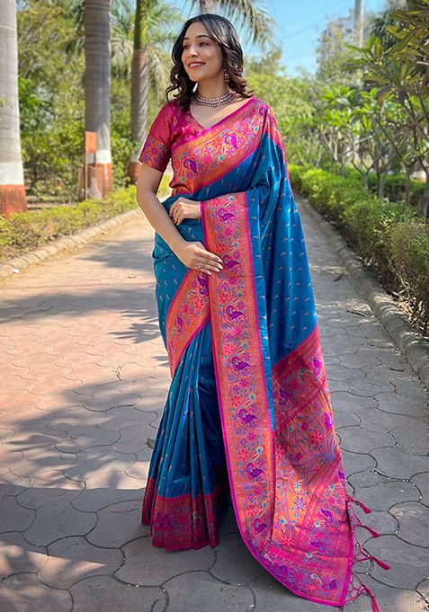 Blue Zari Woven Paithani Silk Saree Set