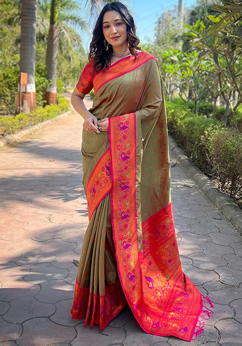 Mehendi Zari Woven Paithani Silk Saree Set