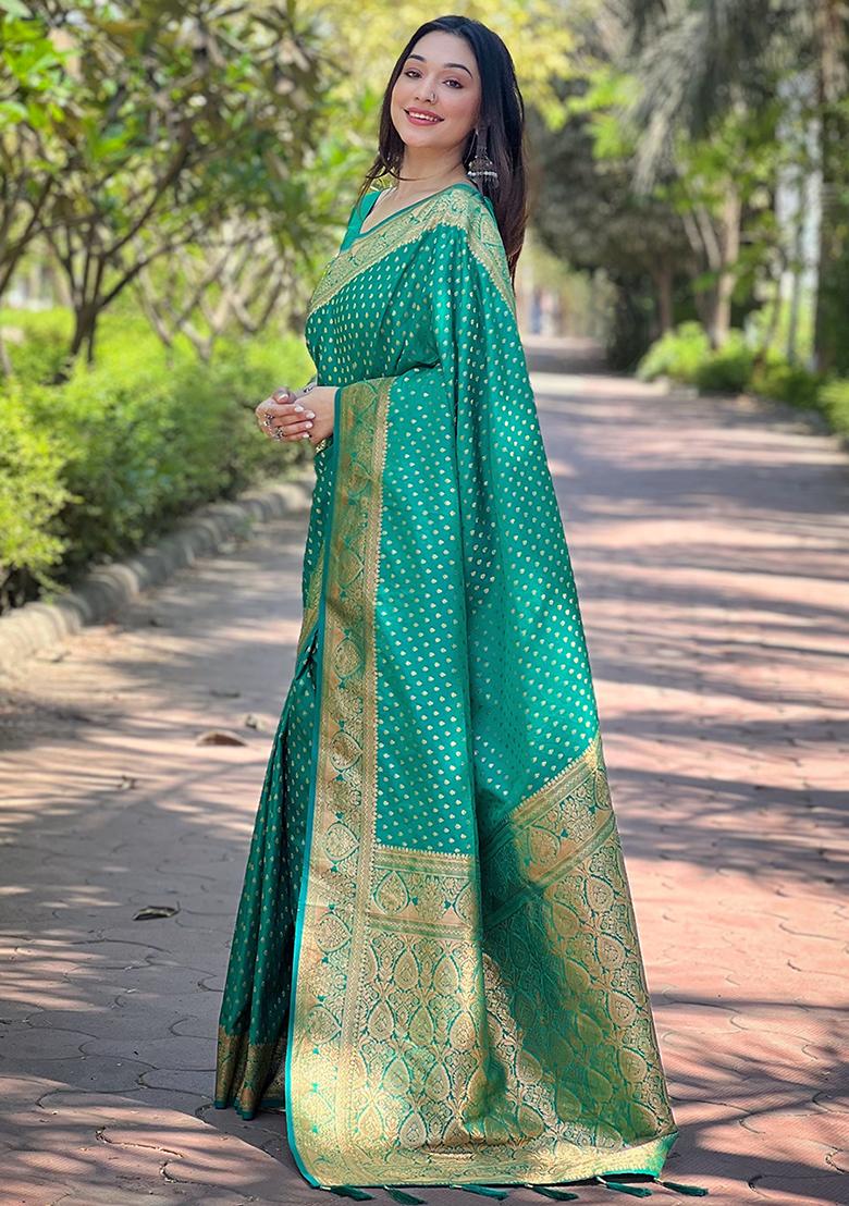Green Zari Woven Banarasi Katan Silk Saree Set