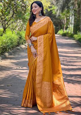 Mustard Zari Woven Banarasi Katan Silk Saree Set