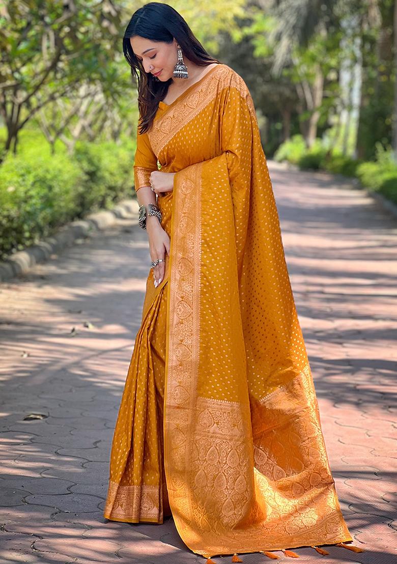 Mustard Zari Woven Banarasi Katan Silk Saree Set