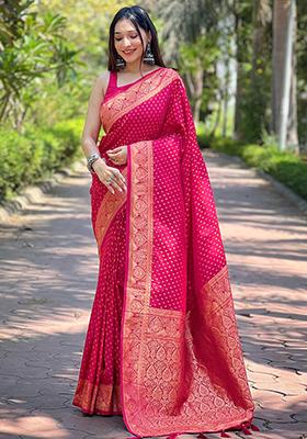 Pink Zari Woven Banarasi Katan Silk Saree Set