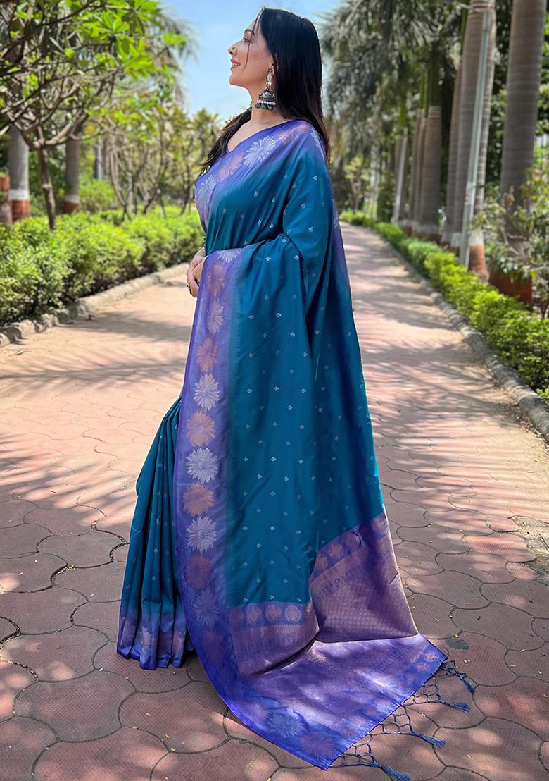 Rama Blue Zari Woven Soft Silk Saree Set