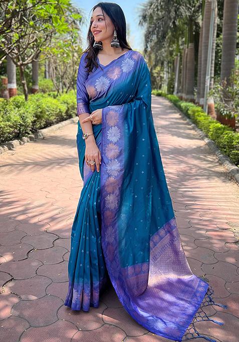 Rama Blue Zari Woven Soft Silk Saree Set