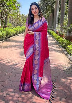 Pink Zari Woven Soft Silk Saree Set