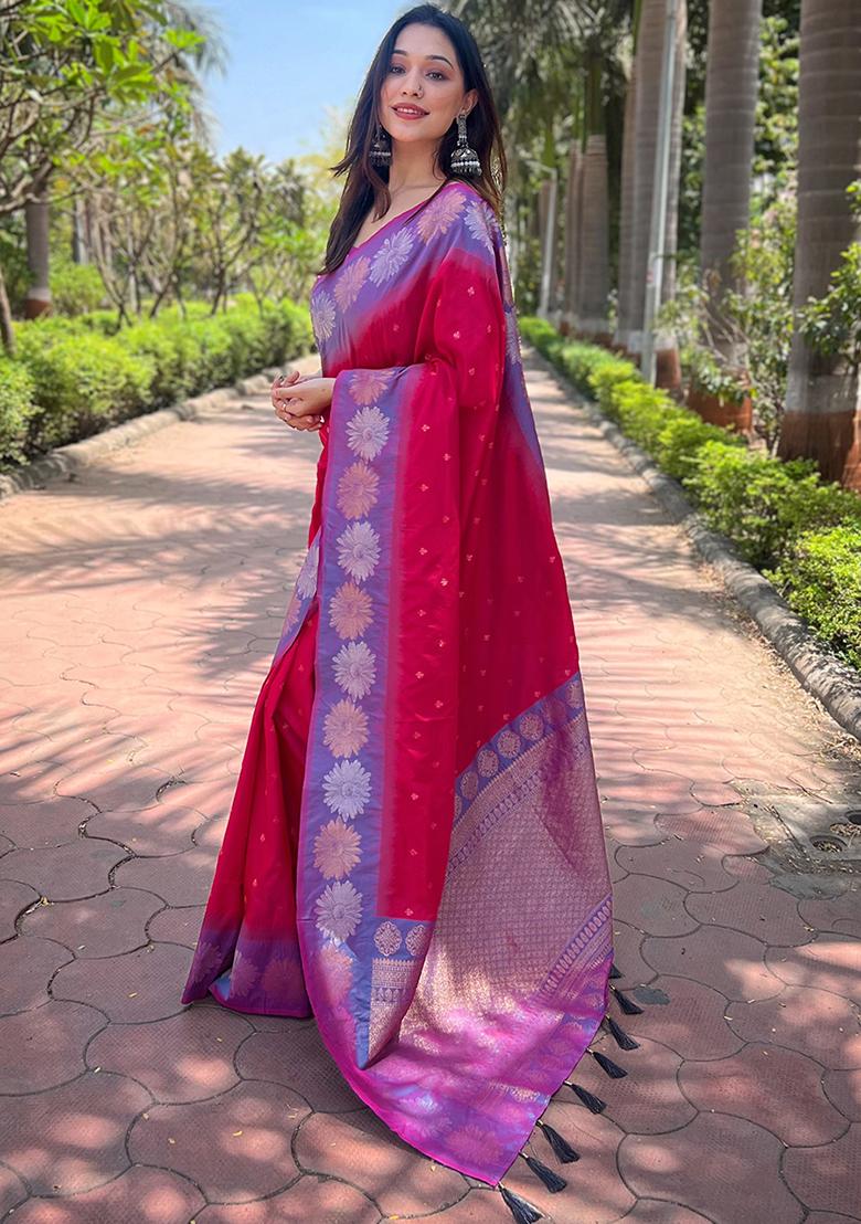 Pink Zari Woven Soft Silk Saree Set