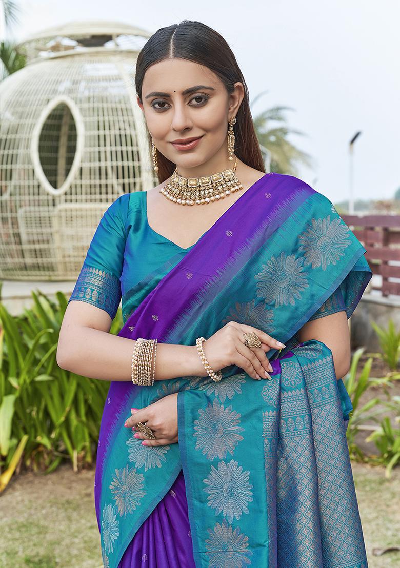 Purple Zari Woven Soft Silk Saree Set