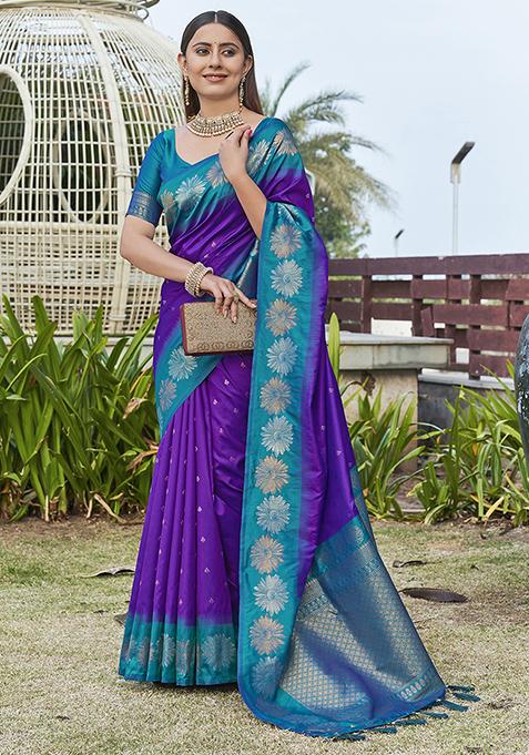 Purple Zari Woven Soft Silk Saree Set