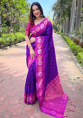 Purple Zari Woven Soft Silk Saree Set