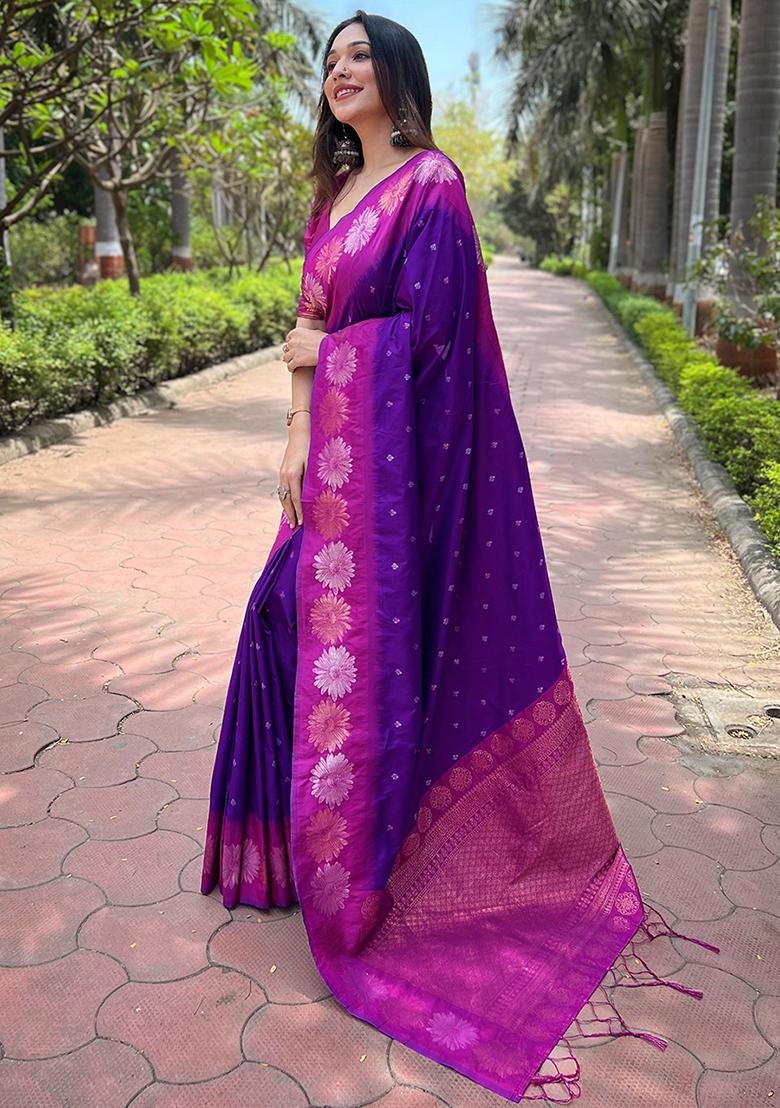 Purple Zari Woven Soft Silk Saree Set
