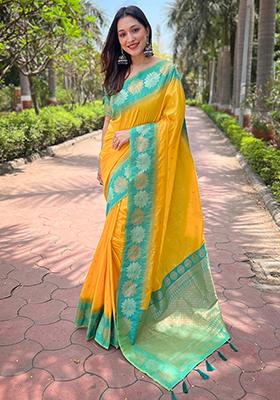 Yellow Zari Woven Soft Silk Saree Set