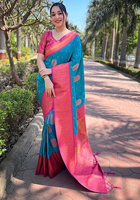 Sky Blue Zari Woven Soft Silk Saree Set