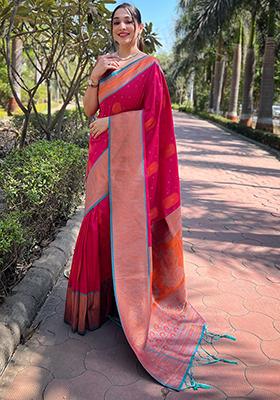 Pink Zari Woven Soft Silk Saree Set