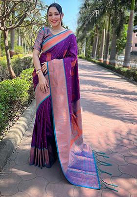 Purple Zari Woven Soft Silk Saree Set