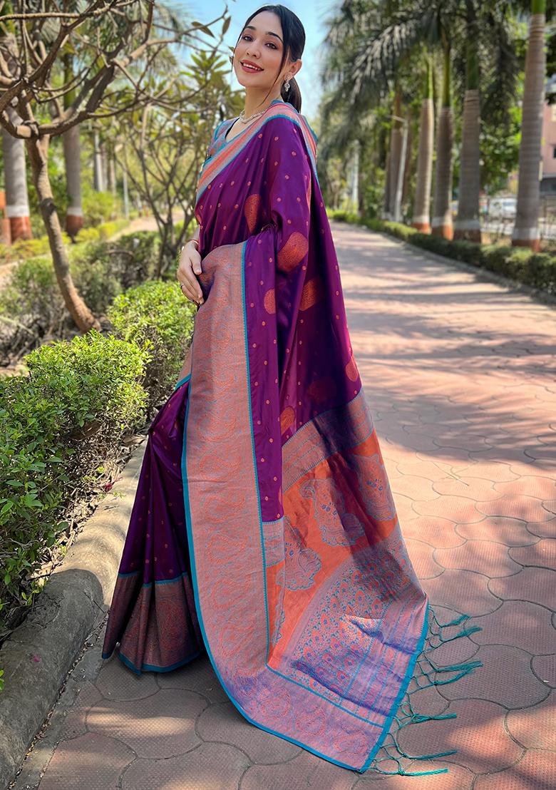 Purple Zari Woven Soft Silk Saree Set