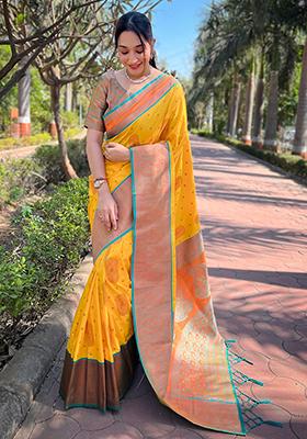 Yellow Zari Woven Soft Silk Saree Set